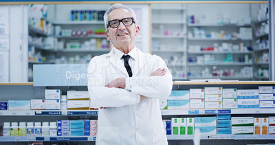 Buy stock photo Arms crossed, pharmacy and portrait of mature man in dispensary for cure, treatment or vitamins. Healthcare, medical and supplements with smile of happy pharmacist person in hospital or clinic