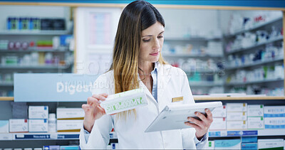 Buy stock photo Pharmacist, woman and box of pills with tablet for inventory check, online order and drugs dispensary. Medical, professional and medication treatment in pharmacy store for pharmaceutical cure package