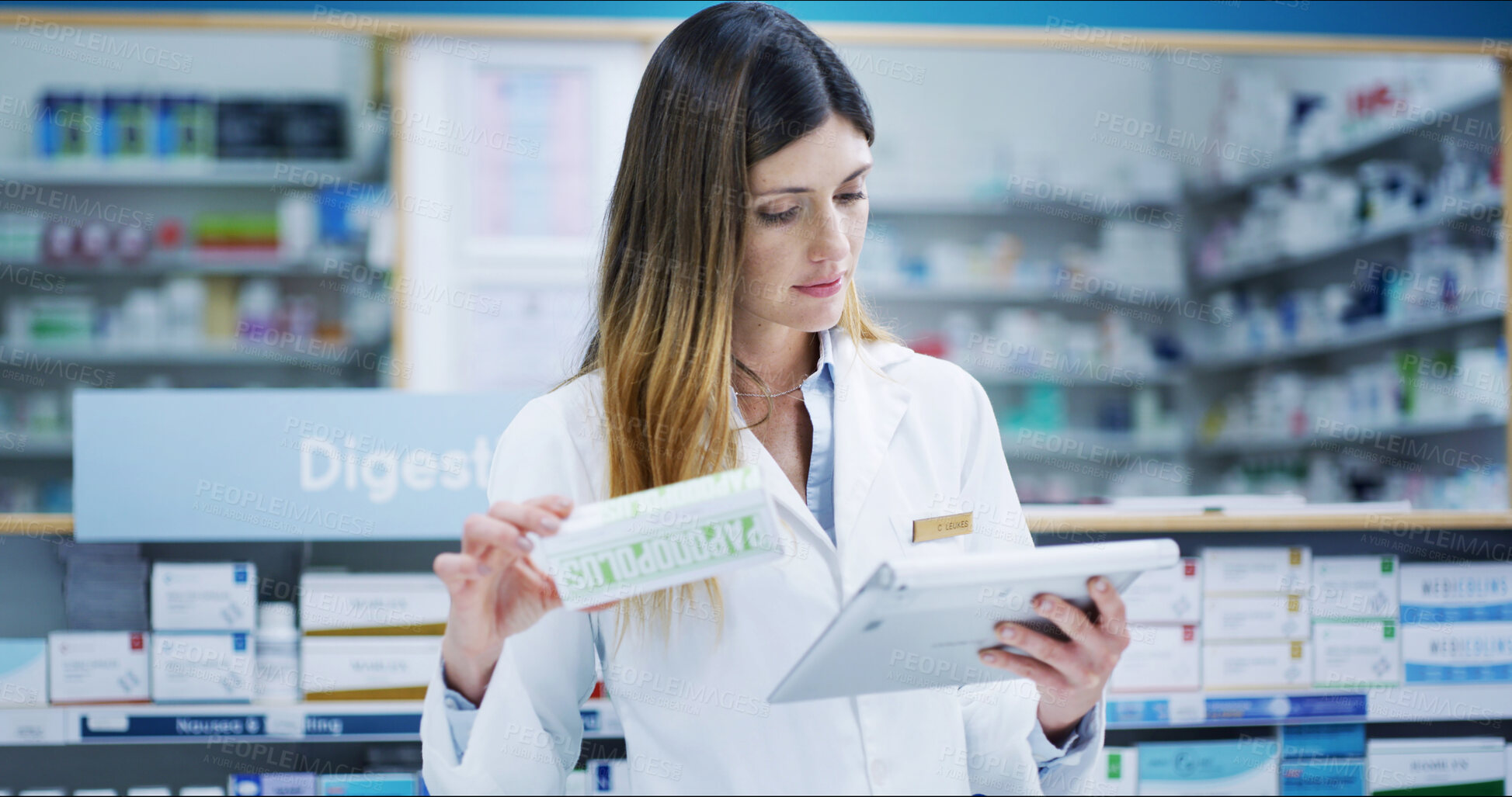 Buy stock photo Pharmacist, woman and box of pills with tablet for inventory check, online order and drugs dispensary. Medical, professional and medication treatment in pharmacy store for pharmaceutical cure package