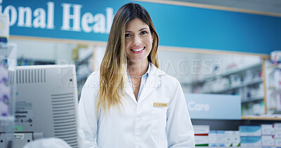 Buy stock photo Computer, portrait and smile with woman in pharmacy to dispense medicine for cure or treatment. Checkout, healhcare and medical with happy pharmacist person at work for sale of pharmaceuticals