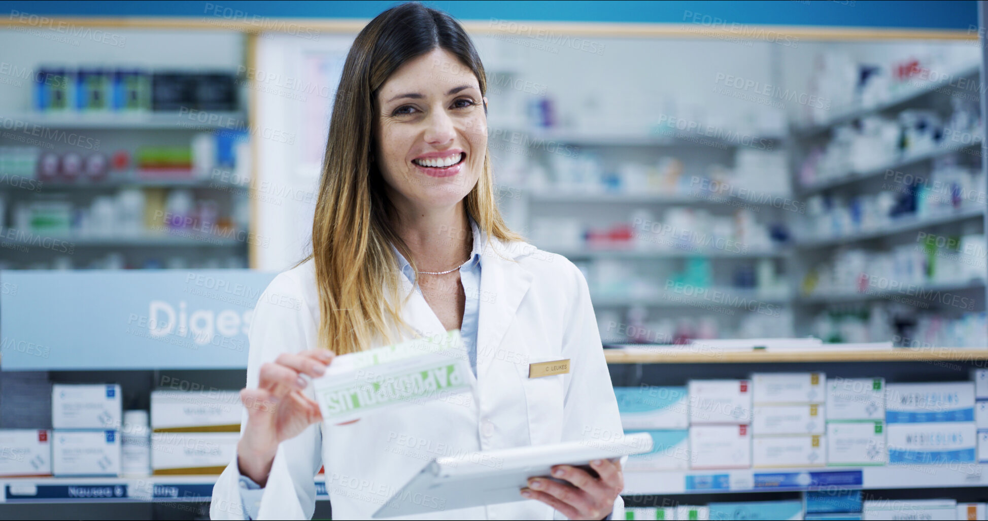 Buy stock photo Pharmacist portrait, woman and pills with tablet for inventory check, online order or drugs dispensary. Medical, professional or medication treatment in pharmacy store for pharmaceutical cure package