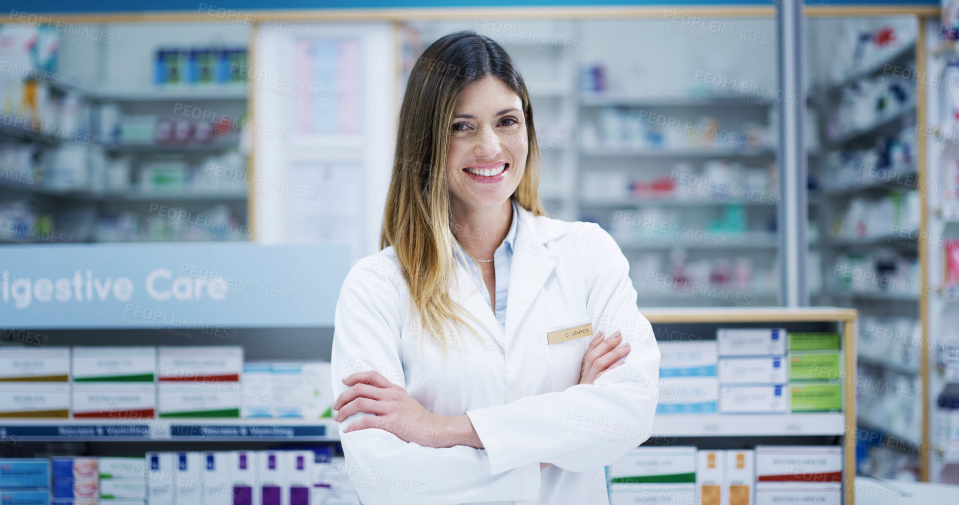 Buy stock photo Arms crossed, healthcare and portrait with woman in pharmacy to dispense medicine for cure or treatment. Consultant, medical and smile with happy pharmacist person at work for sale of pharmaceuticals