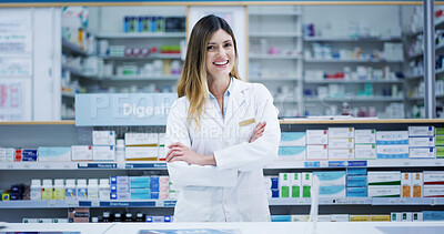 Buy stock photo Arms crossed, healthcare and portrait of pharmacist woman to dispense medicine for cure or treatment. Consultant, friendly and medical with happy person in pharmacy for sale of pharmaceuticals