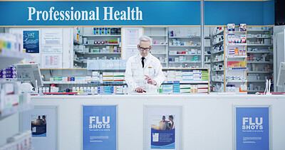 Buy stock photo Mature, pharmacist and man with drugs on tablet for inventory check, typing online order and pills dispensary. Medical, professional and medication box in pharmacy for pharmaceutical stock checklist