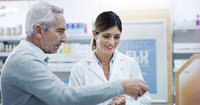 Buy stock photo Senior man, pharmacist and box in pharmacy for medicine, choosing and advice for supplement choice. Elderly person, woman and customer service at shelf for pharmaceutical, questions or expert opinion