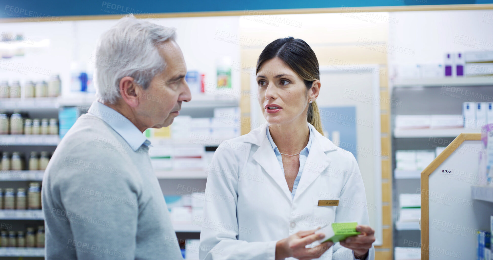 Buy stock photo Senior man, woman and box in pharmacy for medicine, recommendation and advice for supplement choice. Elderly person, pharmacist and customer support at shelf for pharmaceutical, questions or opinion