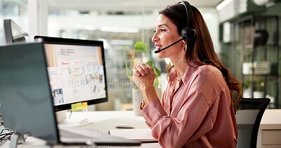 Buy stock photo Woman, mic and computer screen at call center in office for crm, customer service and sales information. Girl, talking and headset for telemarketing, technical support and feedback with legal advice