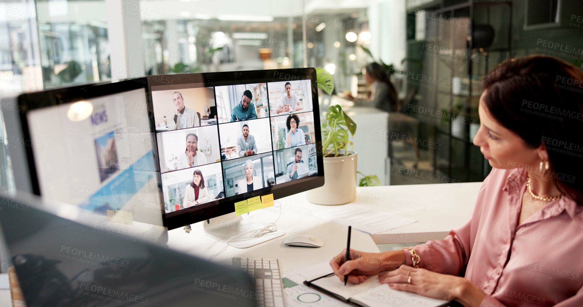 Buy stock photo Video call, computer and business woman with writing, notes and creative training on screen in startup. Webinar, online conference and copywriter with notebook, group and virtual chat or news meeting