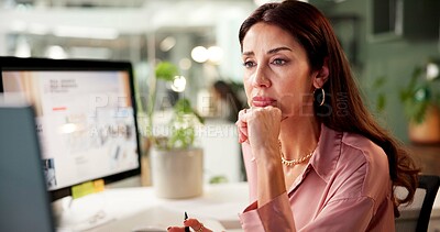 Buy stock photo Designer, computer and business woman with drawing, thinking and creative training on screen in startup. Brainstorming, online search and artist with project, proposal and research for internet news