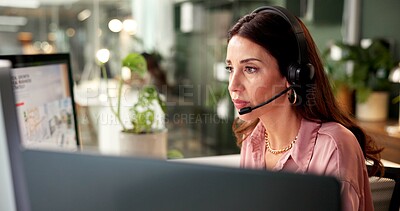 Buy stock photo Woman, headset and computer screen at call center in office for crm, customer service and sales information. Girl, agent and mic for telemarketing, technical support and feedback with legal advice