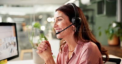 Buy stock photo Woman, headset and computer screen at call center in office for crm, customer service and sales information. Advisor, mic and talking for telemarketing, technical support and feedback of legal advice