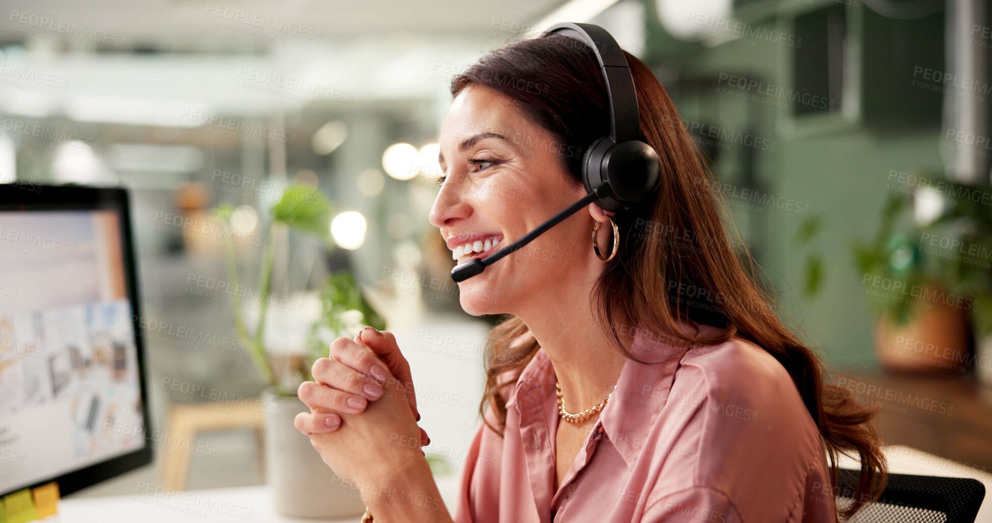 Buy stock photo Woman, headset and computer screen at call center in office for crm, customer service and sales information. Advisor, mic and talking for telemarketing, technical support and feedback of legal advice