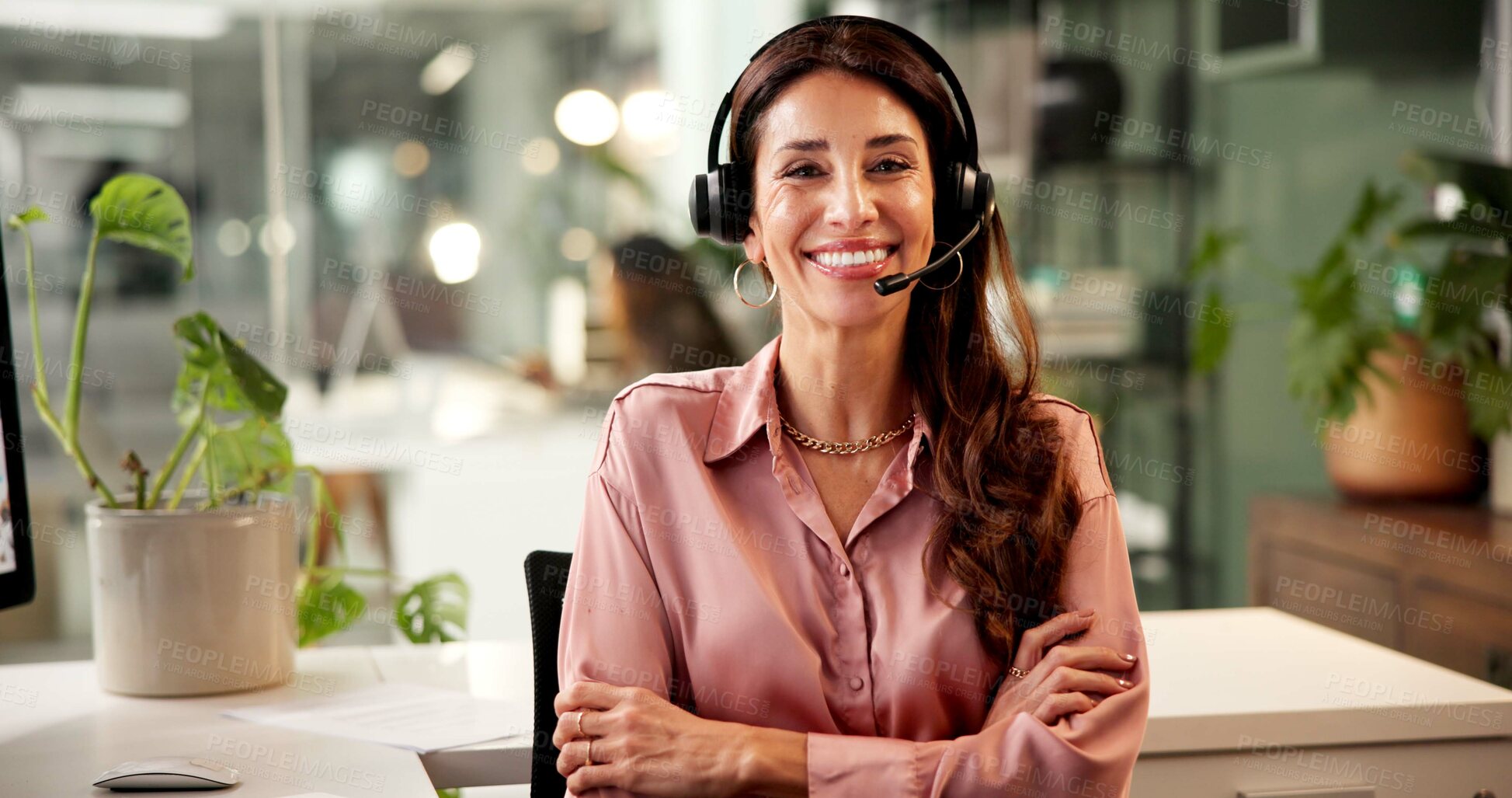 Buy stock photo Portrait, woman and confidence with headset at call centre for crm, customer service and sales information. Pride, advisor and arms crossed of telemarketing, technical support and feedback for advice