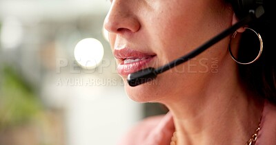 Buy stock photo Mouth, woman and mic with headset at call centre for crm services, customer service and sales information. Space, advisor and helping of telemarketing, technical support and feedback for legal advice