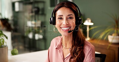 Buy stock photo Woman, headset and portrait at call center in office for crm services, customer service and sales information. Pride, advisor and mic of telemarketing, technical support and feedback for legal advice