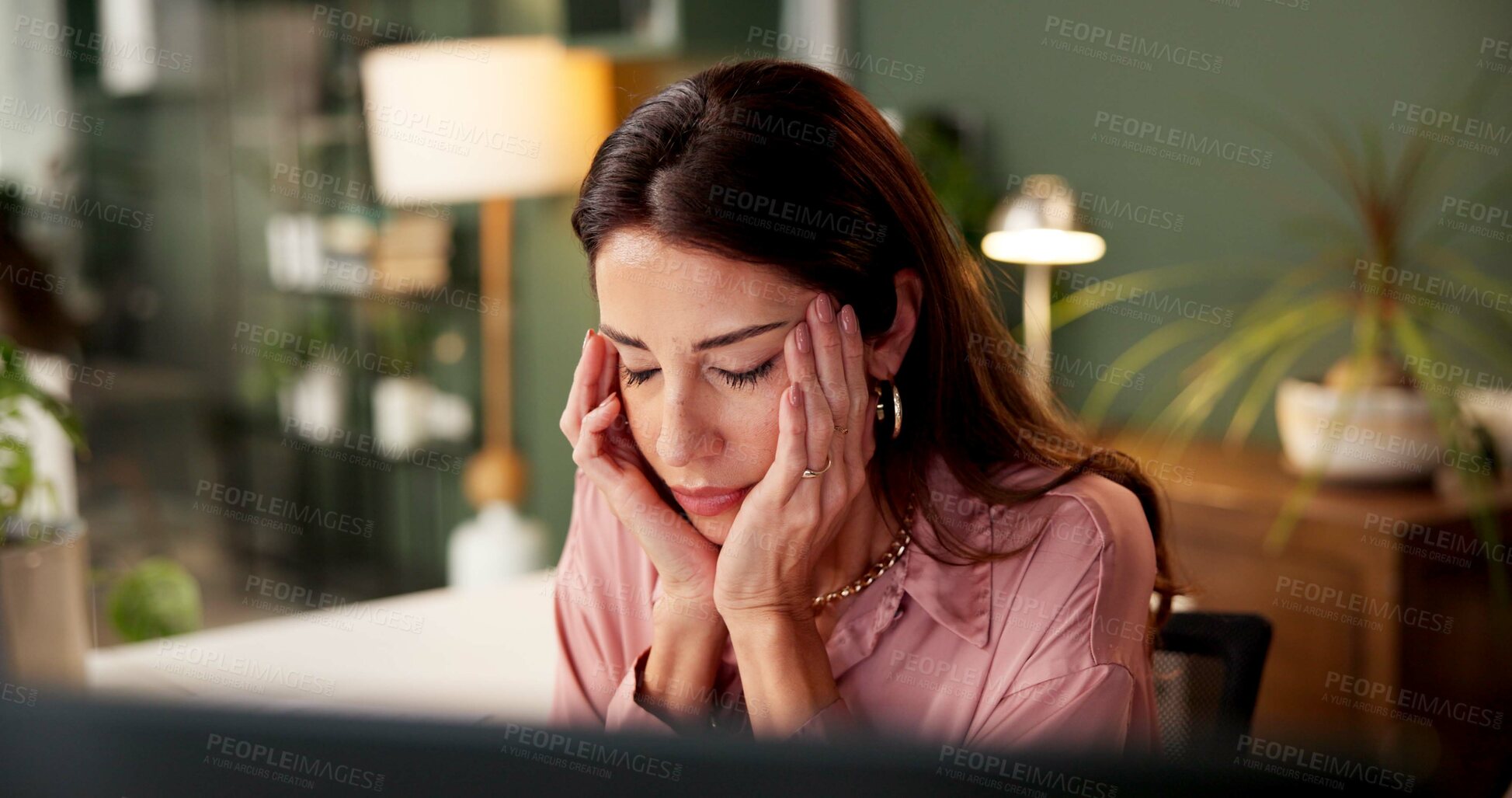 Buy stock photo Stress, headache and businesswoman in office at night for finance report deadline with burnout. Migraine, overtime and female financial planner with fatigue for international investment client.