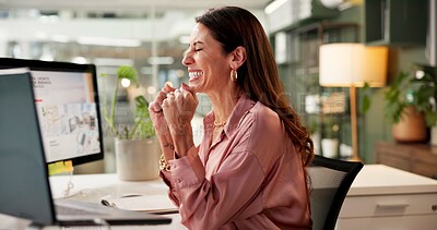 Buy stock photo Computer, celebration and business woman with smile, excited and creative design on screen in startup. Brainstorming, online search and artist with project, proposal and success for work promotion