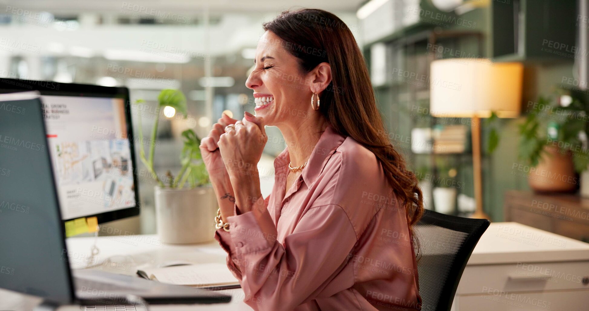 Buy stock photo Computer, celebration and business woman with smile, excited and creative design on screen in startup. Brainstorming, online search and artist with project, proposal and success for work promotion
