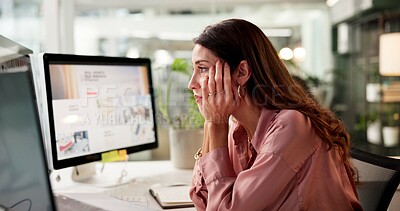 Buy stock photo Woman, tired and reading on computer screen for business, feedback or burnout in office. Mature entrepreneur, bored or tech in startup with fatigue, connection error or frustrated for problem solving