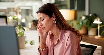 Buy stock photo Stress, burnout and businesswoman in office at night for finance report deadline with headache. Migraine, overtime and female financial planner with fatigue for international investment client.