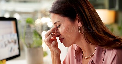 Buy stock photo Burnout, headache and businesswoman in office at night for finance report deadline with stress. Migraine, overtime and female financial planner with fatigue for international investment client.