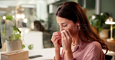 Buy stock photo Sick woman, office or blowing nose with tissue for flu, cold or viral infection at workplace. Female person, designer or employee with influenza, sinus or allergy for pollen season, virus or symptoms