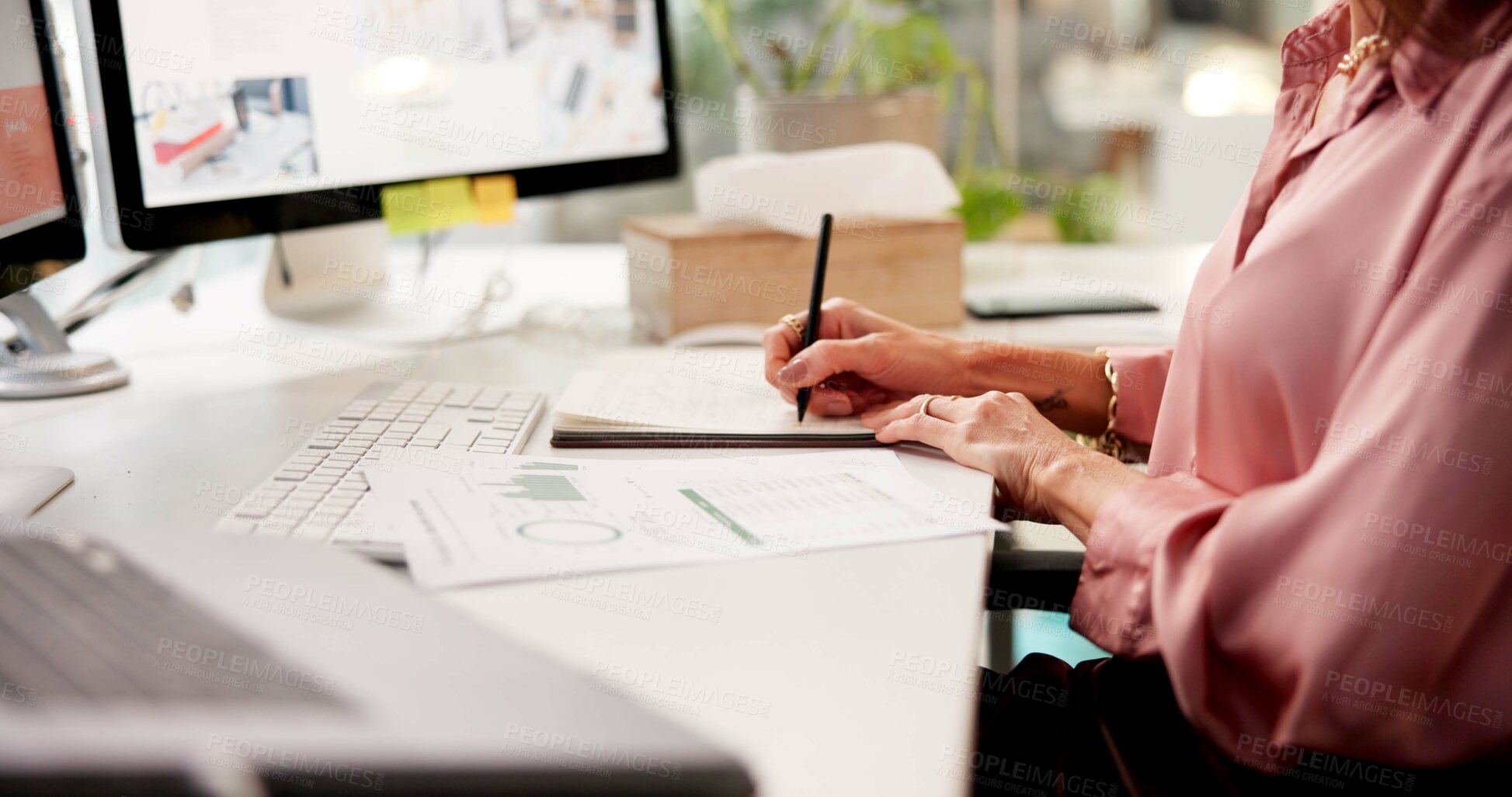 Buy stock photo Hands, computer and business woman with writing, notes and creative training on screen in startup. Documents, online research and copywriter with notebook, graphs and planning for news meeting