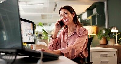 Buy stock photo Happy, business woman and office with phone call for discussion, conversation or online chat. Female person, employee or consultant with smile for virtual assistance or communication at workplace