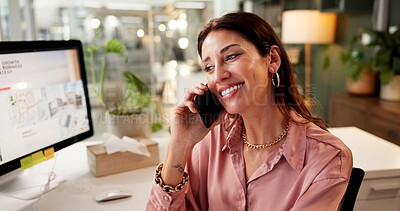 Buy stock photo Happy woman, agent and discussion with phone call for business conversation or online chat. Female person, employee or consultant with smile for virtual assistance, help or communication at workplace