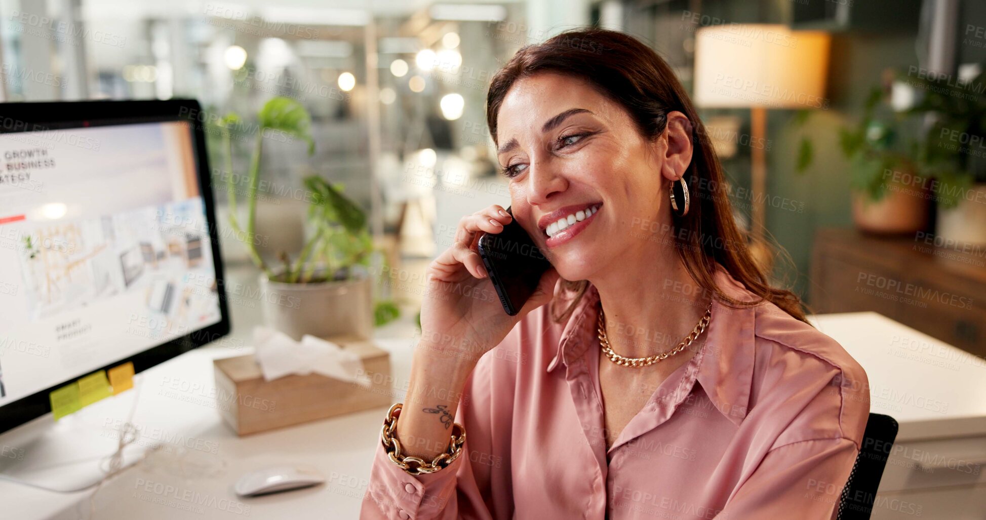 Buy stock photo Happy woman, agent and discussion with phone call for business conversation or online chat. Female person, employee or consultant with smile for virtual assistance, help or communication at workplace