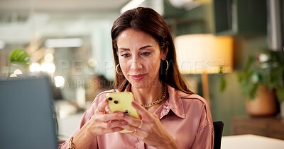 Buy stock photo Business woman, company and mobile phone with typing as pr consultant in digital agency or office. Female person, tech and reading for social networking app, research and newsletter as media expert