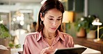 Reading, notification and businesswoman with tablet for research, online review or news on digital technology. Schedule, night or account manager with touchscreen for finance info on company revenue