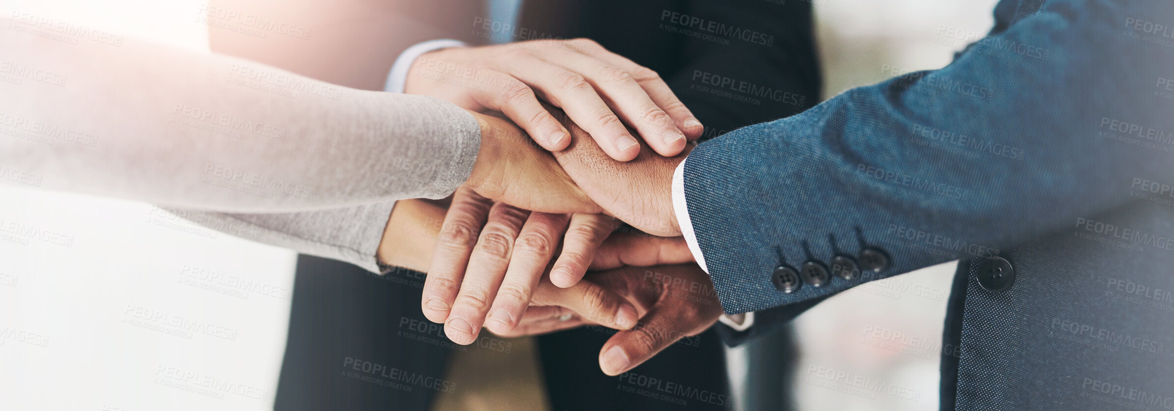 Buy stock photo Hands, stack and circle with business people, team and motivation with support, link and synergy in office. Group, celebration and solidarity with connection, agreement and success at law firm