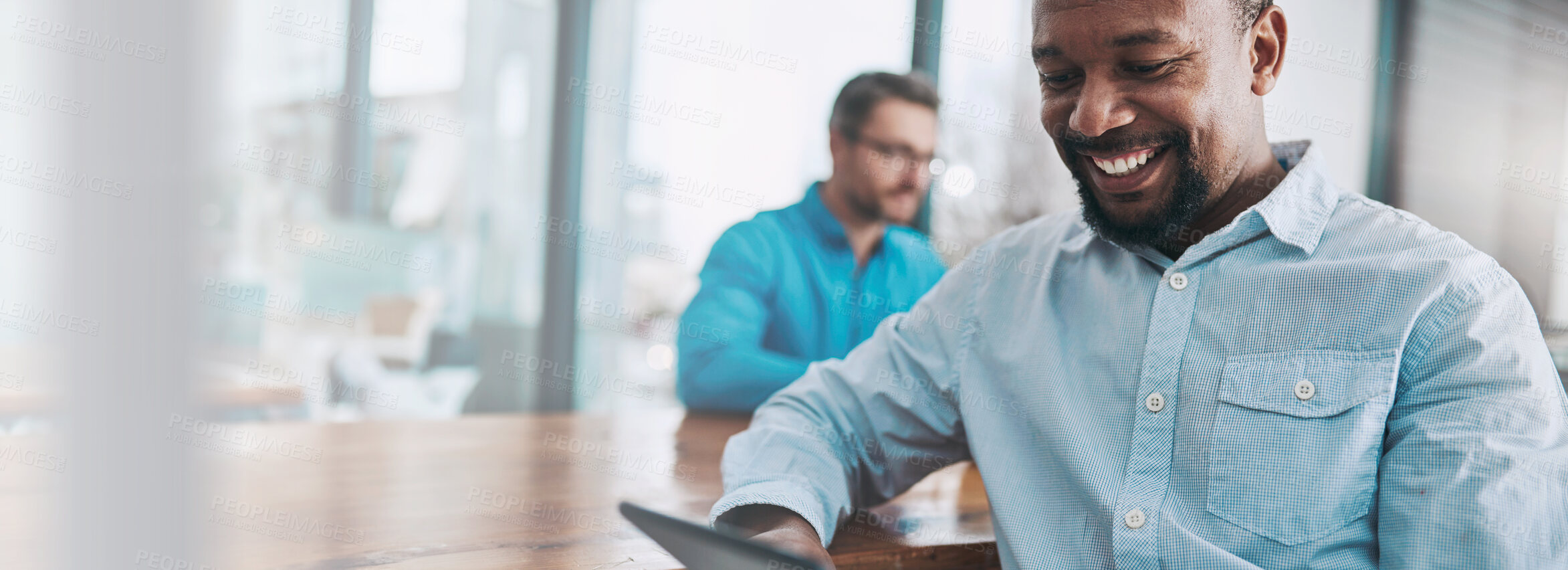Buy stock photo Tablet, smile and black man in office with research online for finance stock market result. Business, digital technology and African male financial analyst with report for company capital gain profit