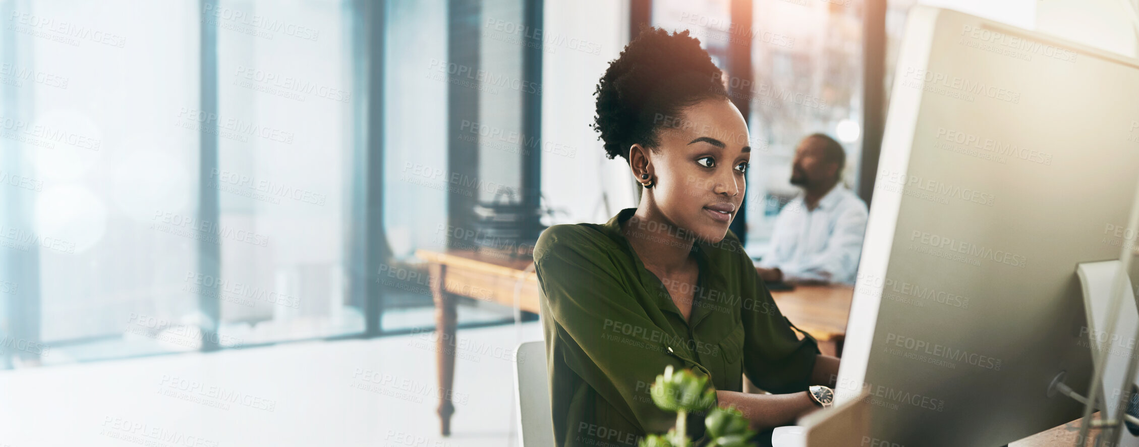 Buy stock photo Woman, computer or reading in office for creativity, research or storytelling at creative agency. Journalist, productivity or tech at desk for source information, news or proofreading article in city