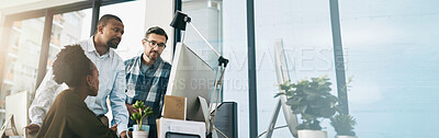 Buy stock photo Group, computer and reading of project, office and intern with lead graphic designer, review and feedback. Teamwork, planning and criticism for assignment, creative and people in design agency