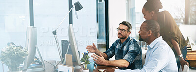 Buy stock photo Group, computer and advice for project, office and intern with lead graphic designer, review and feedback. Teamwork, planning and criticism for assignment, creative and people in design agency