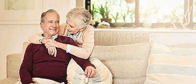 Buy stock photo Hug, love and smile with senior couple on sofa in living room of retirement home together for bonding. Happy, relax or trust with old man and woman in apartment for commitment, marriage or weekend