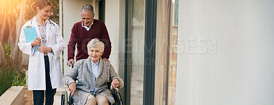 Buy stock photo Shot of a senior couple and a nurse outside a nursing home