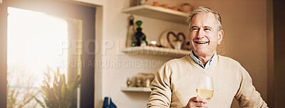 Buy stock photo Happy, old man and wine glass in kitchen for cooking, retirement and nutrition or dinner. Elderly male person, chef and alcohol with vegetables for salad, food and vegetarian dish in apartment home