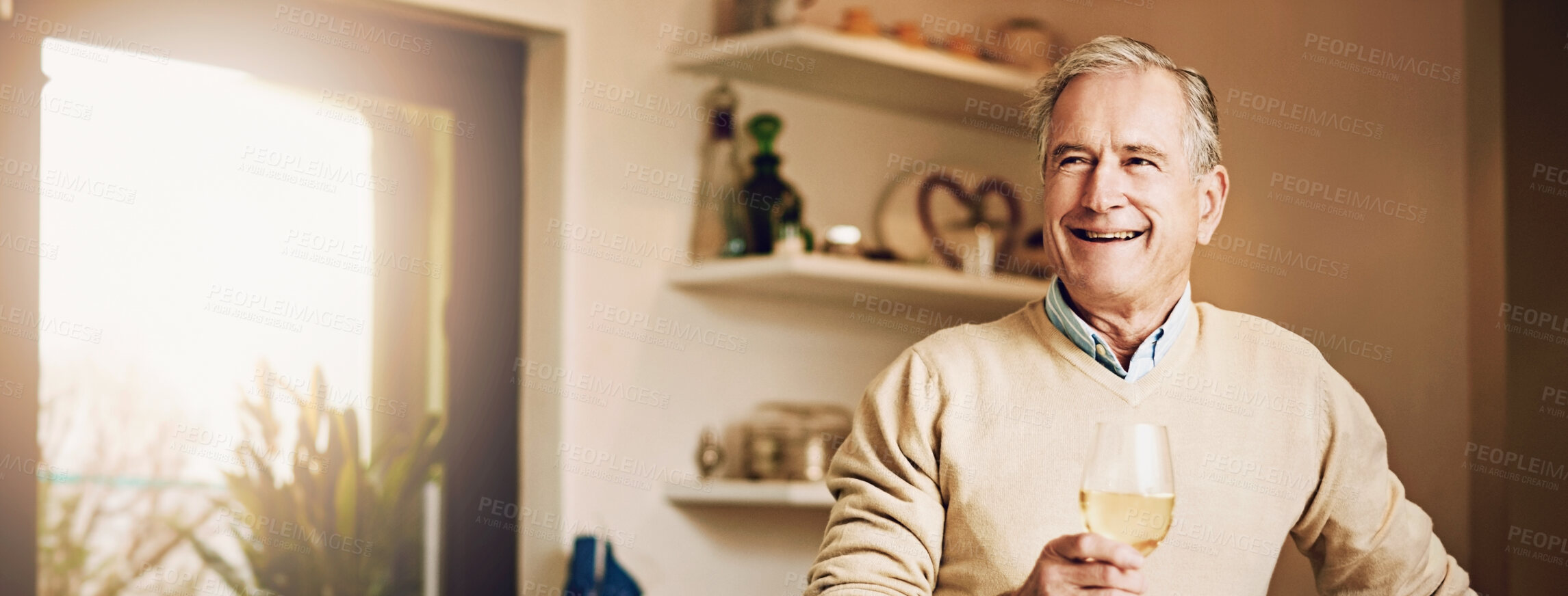 Buy stock photo Happy, old man and wine glass in kitchen for cooking, retirement and nutrition or dinner. Elderly male person, chef and alcohol with vegetables for salad, food and vegetarian dish in apartment home