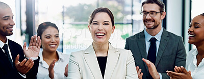 Buy stock photo Applause, pride and portrait of business woman with team in office for good news, achievement or goal. Happy, gratitude and group of financial advisors clapping hands for female person in workplace.