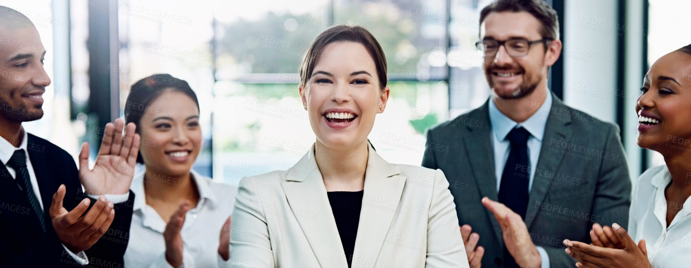 Buy stock photo Applause, pride and portrait of business woman with team in office for good news, achievement or goal. Happy, gratitude and group of financial advisors clapping hands for female person in workplace.