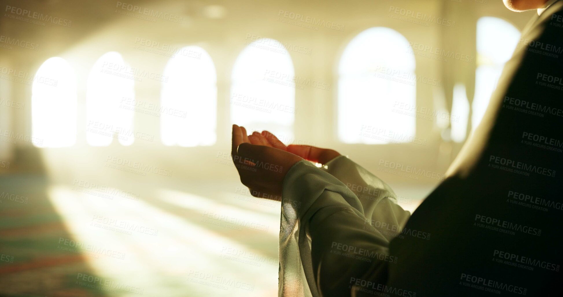 Buy stock photo Muslim woman, mosque or hands praying to worship for Palestine, gratitude or support to Allah in holy temple. Dua closeup, Islamic and spiritual person kneeling for God on Ramadan Kareem in Qatar
