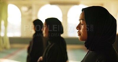 Buy stock photo Profile of Muslim woman, mosque or praying to worship for Palestine, gratitude or support to Allah. Dua, Islamic faith and spiritual people kneeling for God on Ramadan Kareem for meditation together