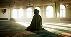 Muslim woman, praying and mosque with salah for dua, thikr or holy religion at temple. Female person, arab or islam with light for spiritual belief, faith or worship allah on carpet at indoor masjid