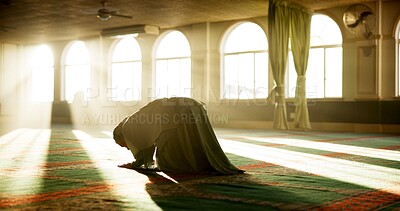 Buy stock photo Islamic woman, bow or praying to worship in Mosque for Palestine, gratitude and support to Allah. Hijab, Muslim and spiritual person kneeling on carpet for hope, religion and God on Ramadan Kareem
