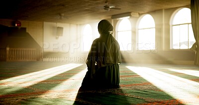Buy stock photo Islamic woman, back or praying to worship in Mosque for Palestine, support or gratitude to Allah. Hijab, Muslim and spiritual person kneeling on carpet for hope, religion and God on Ramadan Kareem