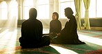 Muslim women, mosque or learning to worship for Palestine, gratitude or support to Allah with friends. Dua, Islamic study and spiritual people speaking of God on Ramadan Kareem in discussion together