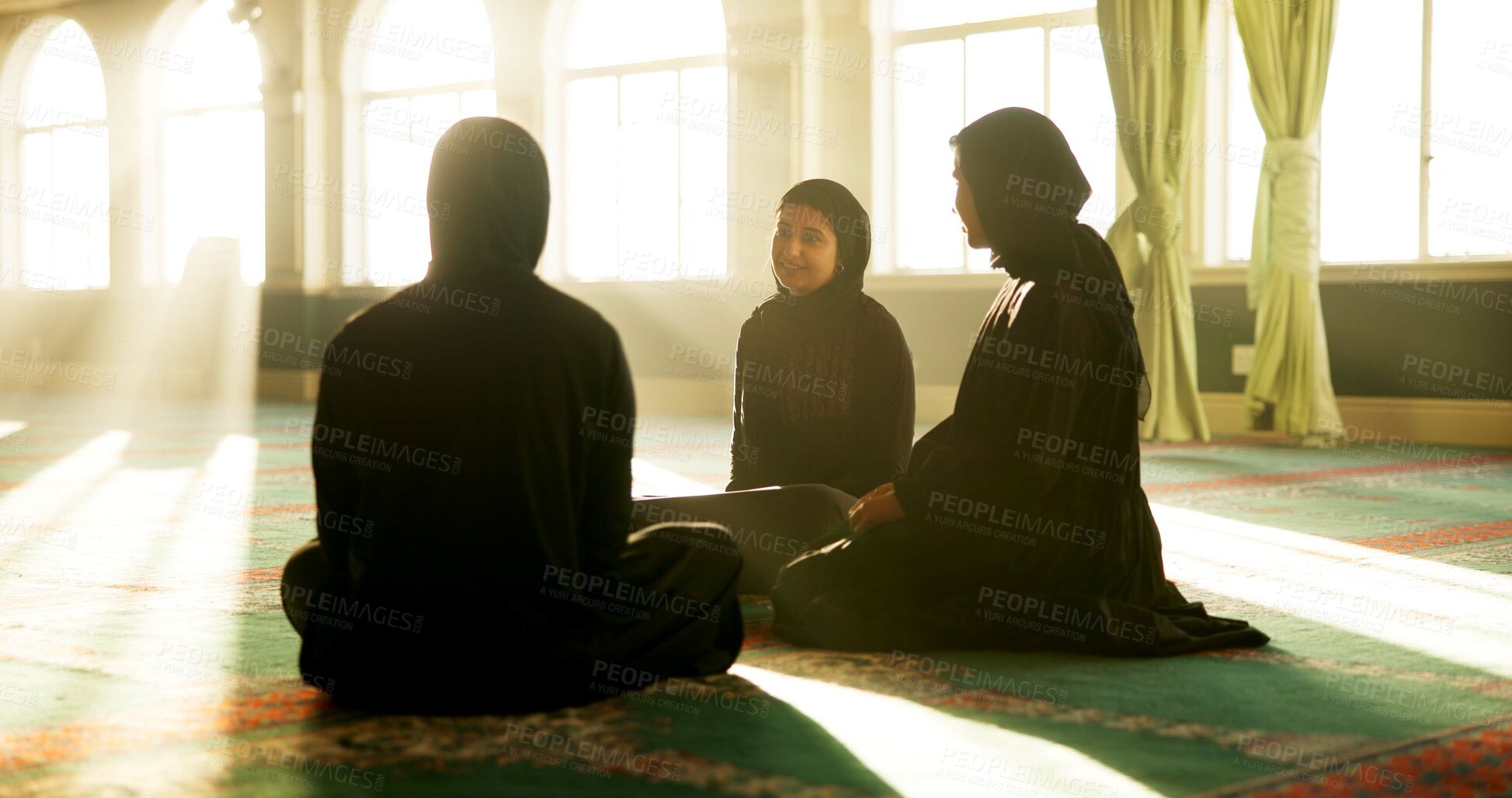 Buy stock photo Muslim women, mosque or learning to worship for Palestine, gratitude or support to Allah with friends. Dua, Islamic study and spiritual people speaking of God on Ramadan Kareem in discussion together